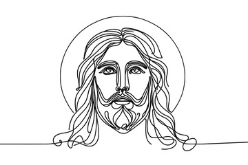 Wall Mural - Single line vector image on white background. Portrait of Jesus with raised head