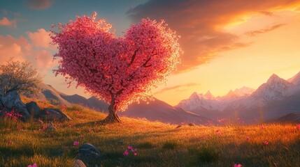 Wall Mural - A heart-shaped cherry blossom tree, rich with pink blossoms, dominates a meadow at sunset, surrounded by a backdrop