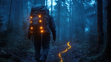 Sticker - A hiking backpack with glowing LED lights illuminates the dark forest, creating a trail of light through the trees,