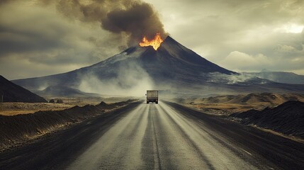 Wall Mural - A lone truck driving on an empty road, passing dangerously close to an erupting volcano, symbolizing adventure and danger.