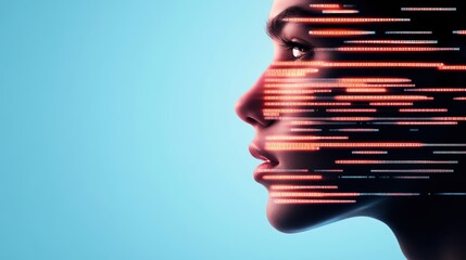 A surreal, fragmented portrait of a human face, with a flowing, abstract firewall composed of glowing code, symbolizing a vision of security in the digital world.
