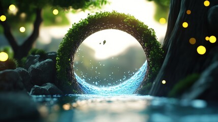 A magical portal, swirling with code and digital particles, opens into a surreal fantasy world, a bridge between the real and the imagined.