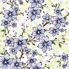 Poster - Purple flower and bud decorated on blue background. Seamless pattern background with watercolor effect.