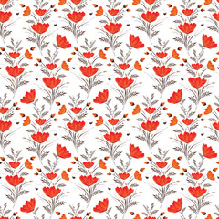 Sticker - Ditsy print or seamless pattern background decorated with red flowers.