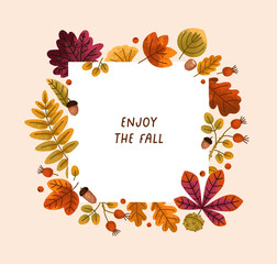 Fototapete - Fall background, framed square card with autumn foliage, leaves. Decorative postcard design, autumnal post template with leaf decoration, botanical floral natural pattern. Flat vector illustration