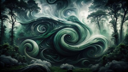 A swirling green cloud formation in a mysterious forest