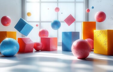 Wall Mural - colorful 3d shapes floating, on a white background