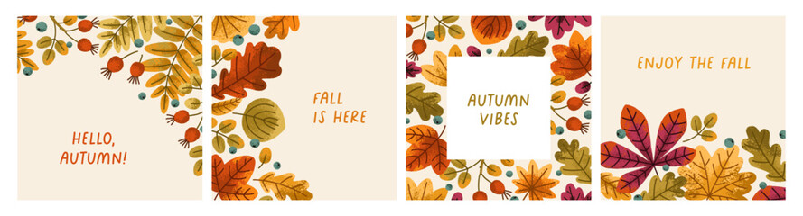 Fototapete - Fall leaves, greeting card designs set. Autumn forest leaf, foliage backgrounds collection. Seasonal autumnal natural square post templates with leaves pattern. Botanical flat vector illustrations