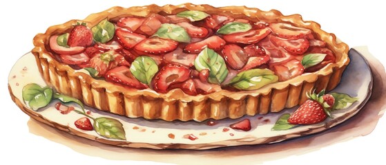 A delicious strawberry tart garnished with fresh basil, beautifully presented on a decorative plate.