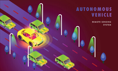 Poster - Responsive web template design with skyscraper's view of smart cars on urban landscape for Autonomous Vehicle Remote Sensing System concept.