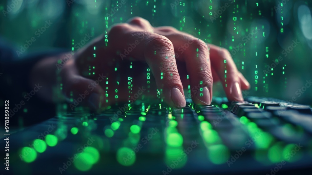 A hacker using a keyboard to access a computer system, with a digital ...