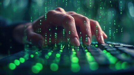A hacker using a keyboard to access a computer system, with a digital display showing the code and commands used in the process.