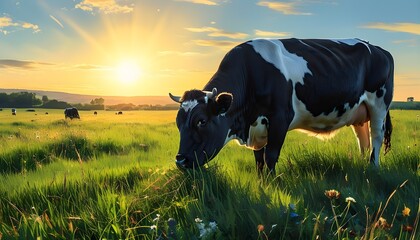 Wall Mural - Majestic Charolais cattle grazing in a sunlit meadow, embodying the tranquility of rural France in harmonious coexistence with nature.