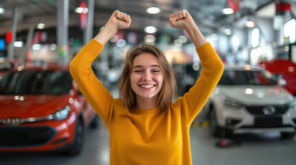 Happy Smiling Woman Celebrating a New Car Purchase in a Modern Car Showroom