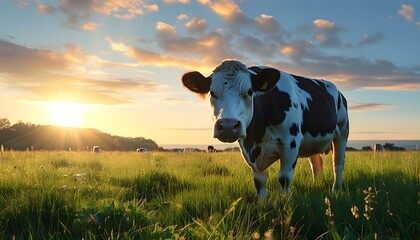 Wall Mural - Majestic Charolais cattle grazing in a sunlit meadow, embodying the tranquility of rural France in harmonious coexistence with nature.