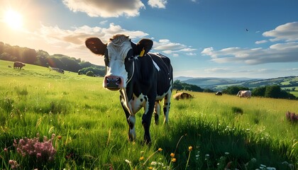 Wall Mural - Majestic Charolais cattle grazing in a sunlit meadow, embodying the tranquility of rural France in harmonious coexistence with nature.