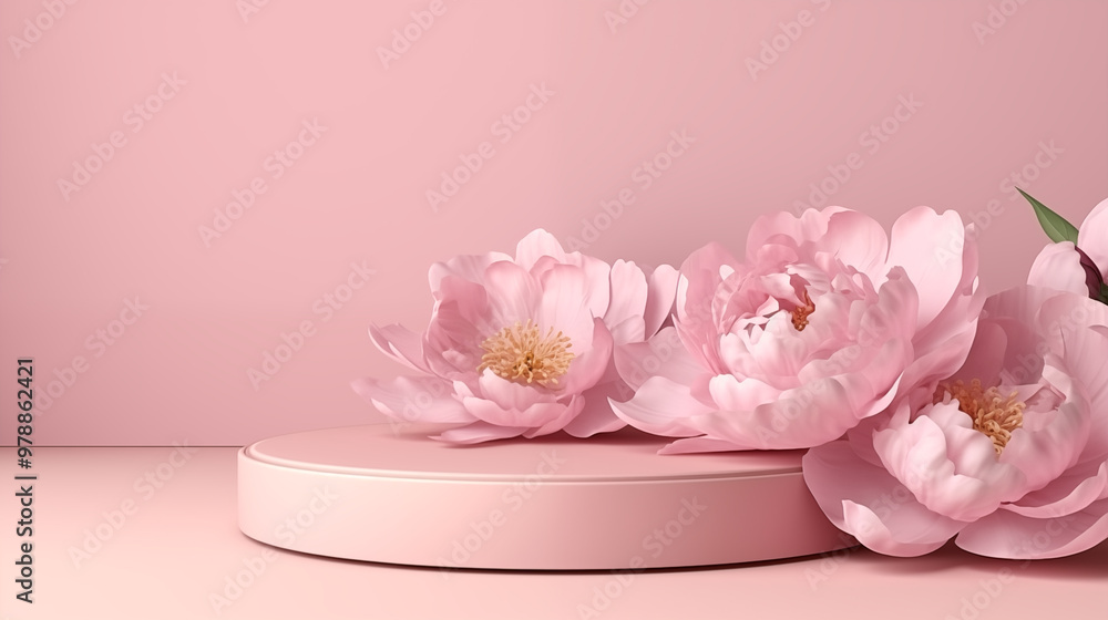 Podium with pink peonies in pastel colors for product presentation ...
