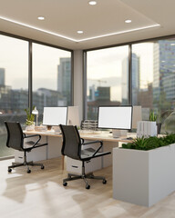 Wall Mural - A modern office in a skyscraper features computers on desks by the window with a stunning view.