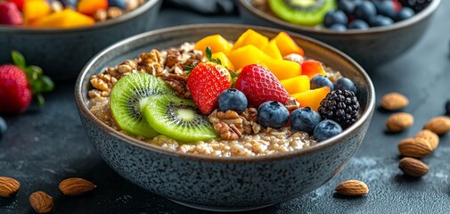 Vibrant Fruit and Nut Topped Oatmeal Bowl on Textured Surface - Fresh and Wholesome Breakfast Concept for Food Blogging and Ads