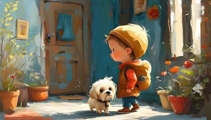 Whimsical illustration of a child with a beloved pet in a vibrant, imaginative landscape created by Generative AI