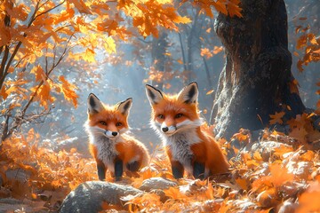 Two playful foxes among vibrant autumn foliage in the forest