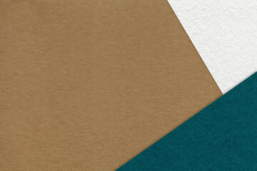 Texture of craft brown color paper background with white and emerald border. Vintage abstract umber cardboard.