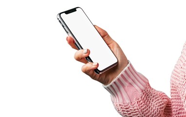 Hand holding a smartphone with a blank screen isolated on a white background. Mobile device and technology mockup concept for design and print.