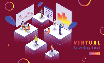 Sticker - Isometric design for Virtual Co-Working Space web template design, remote coworking platform with miniature people analysis stats at distant places.