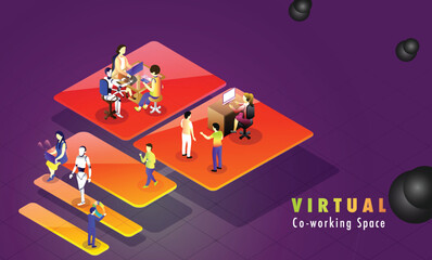 Canvas Print - Miniature business people performing same task at different workplace on abstract background, isometric design for Virtual Co-Working Space concept.