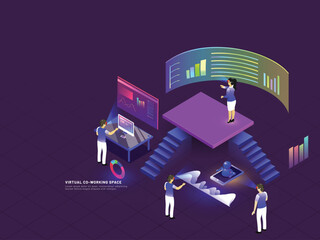 Poster - Remote Co-Working concept based isometric illustration with miniature people performing same task at distant. Responsive web template design.