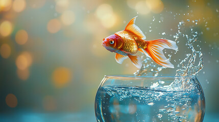 A vibrant goldfish leaping out of a glass bowl, mid-air with water splashing around