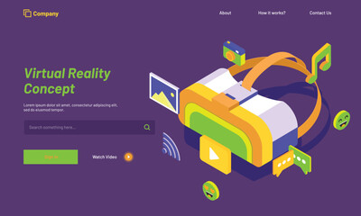 Canvas Print - Website landing page design with isometric illustration of a VR box or glasses with media icons for Virtual reality concept.