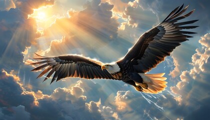 Wall Mural - Majestic eagle soaring through sunlit clouds, embodying the spirit of hope and strength from Isaiah 40:31 in a vivid display of faith and inspiration