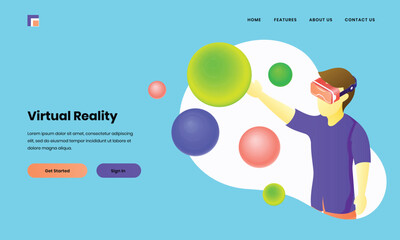 Canvas Print - illustration of boy wearing vr glasses watching colorful balls and bubble for virtual reality websit
