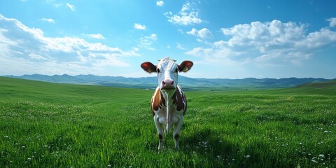 Cow Grazing in Lush Green Pasture Under Bright Blue Sky