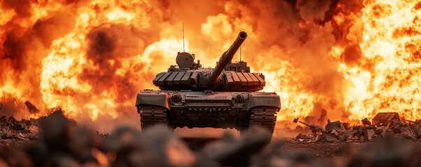 A powerful tank emerges from the flames, showcasing military strength amidst a dramatic backdrop of fire and smoke.