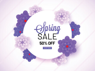 Canvas Print - Spring Sale banner design with discount offer and decorative paper cut flowers on glossy stripe background.