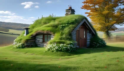 Wall Mural - charming grass-roof cottage nestled in serene rural countryside with vibrant greenery and tranquil surroundings