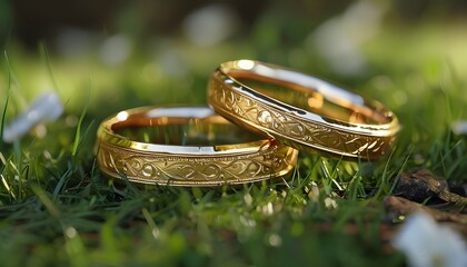 Eternal love represented by intertwined gold wedding rings nestled on a lush green grass canvas