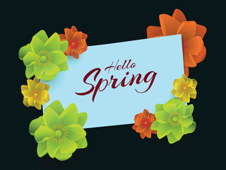 Sticker - Hello Spring poster or banner design decorated with orange and yellow flowers.