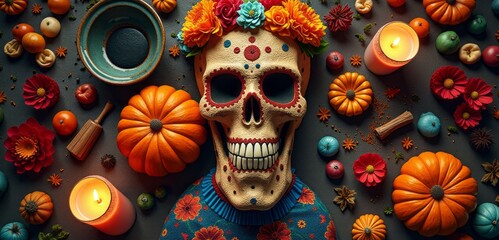 Wall Mural - Vibrant Sugar Skulls and Marigolds for Day of the Dead Celebrations
