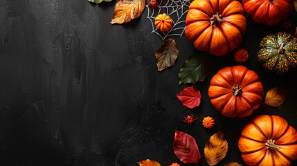 Flat Lay Halloween Pumpkins and Spiders on Black Background copy space