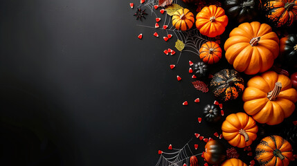 Flat Lay Halloween Pumpkins and Spiders on Black Background copy space