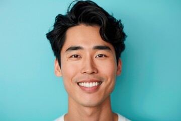 Close up portrait of young handsome smiling Asian man face on light blue studio background