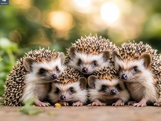 Wall Mural - Four Cute Hedgehogs Looking at the Camera.