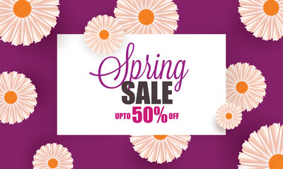 Beautiful flowers decorated spring sale poster or banner design with discount offer.