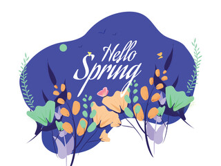 Sticker - Calligraphy of Hello Spring with beautiful flowers decorated abstract background. Can be used as greeting card design.