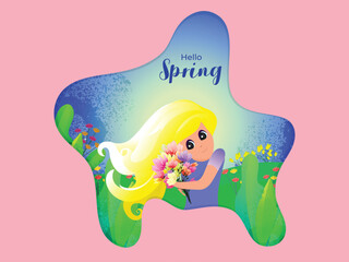 Wall Mural - beautiful young girl holding bouquet on nature view background for hello spring. can be used as gree