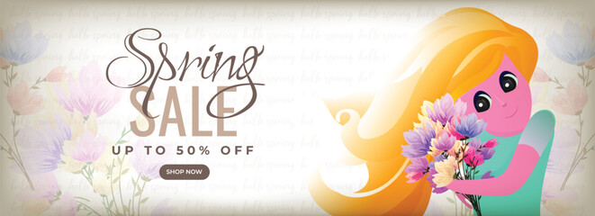 Wall Mural - spring sale header or banner design with discount offer and beautiful young girl holding bouquet.