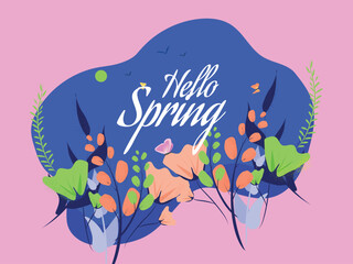 Wall Mural - hello spring background decorated with beautiful flowers and leaves illustration. can be used as gre
